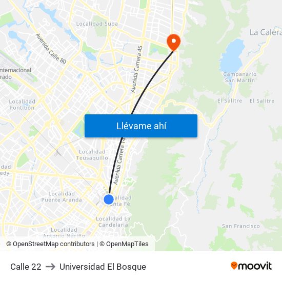 Calle 22 to Universidad El Bosque map