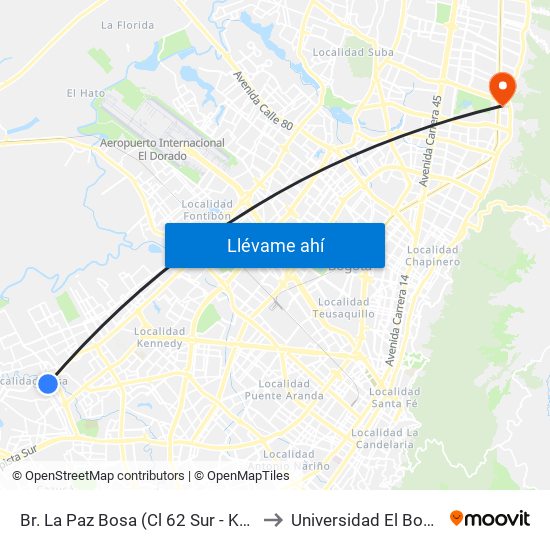 Br. La Paz Bosa (Cl 62 Sur - Kr 82c) to Universidad El Bosque map
