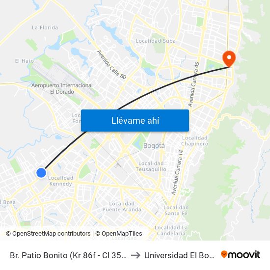 Br. Patio Bonito (Kr 86f - Cl 35b Sur) to Universidad El Bosque map