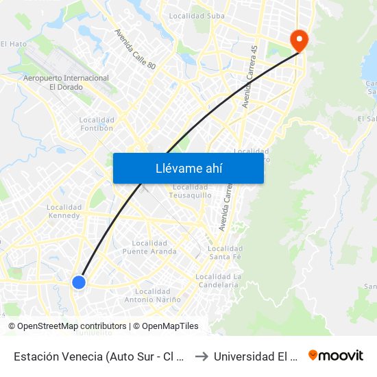 Estación Venecia (Auto Sur - Cl 44 Bis A Sur) to Universidad El Bosque map