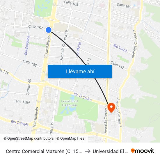 Centro Comercial Mazurén (Cl 152 - Auto Norte) to Universidad El Bosque map