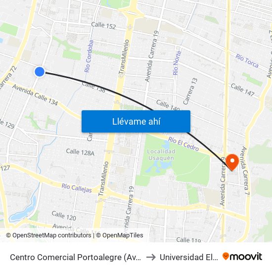 Centro Comercial Portoalegre (Av. Villas - Cl 137b) to Universidad El Bosque map