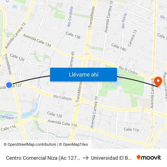 Centro Comercial Niza (Ac 127 - Kr 60) to Universidad El Bosque map