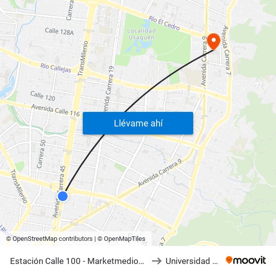 Estación Calle 100 - Marketmedios (Auto Norte - Cl 98) to Universidad El Bosque map