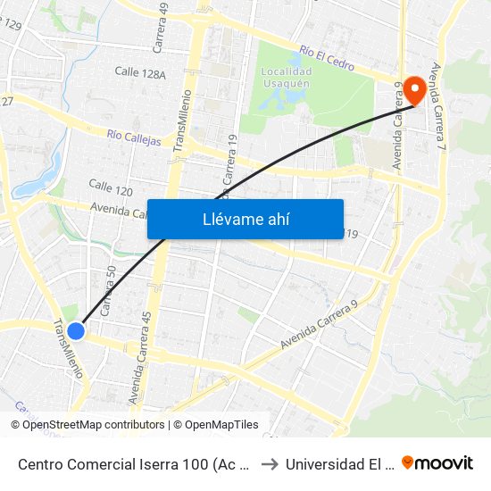 Centro Comercial Iserra 100 (Ac 100 - Tv 55) (A) to Universidad El Bosque map