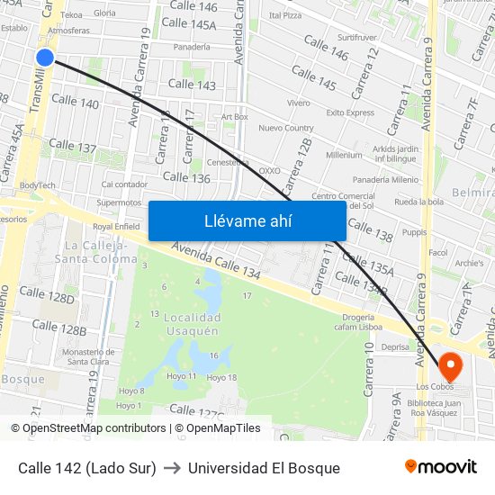 Calle 142 (Lado Sur) to Universidad El Bosque map