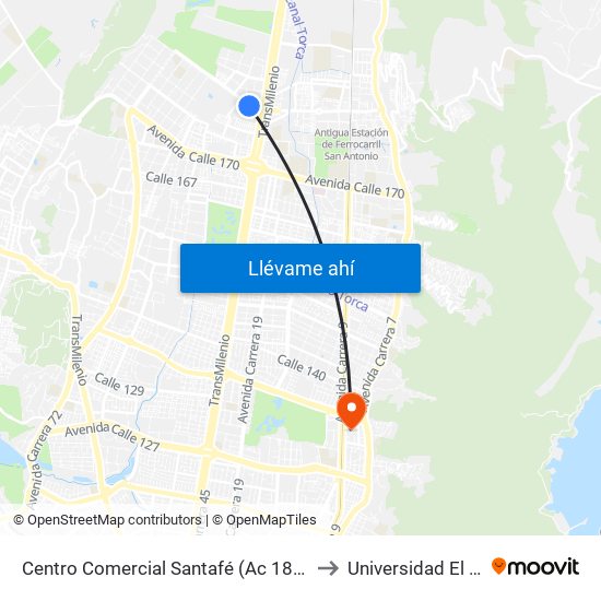 Centro Comercial Santafé (Ac 183 - Auto Norte) to Universidad El Bosque map