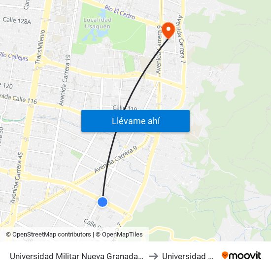 Universidad Militar Nueva Granada (Ac 100 - Kr 10) (A) to Universidad El Bosque map