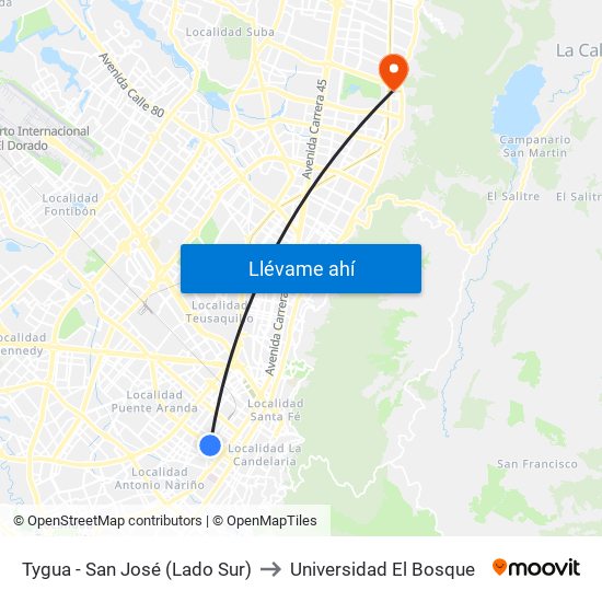 Tygua - San José (Lado Sur) to Universidad El Bosque map
