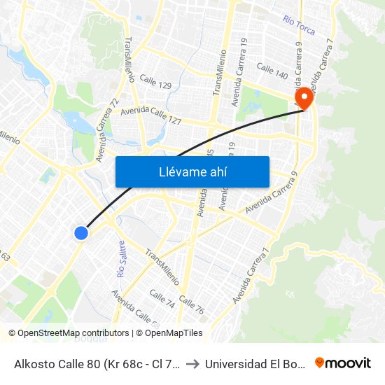 Alkosto Calle 80 (Kr 68c - Cl 73 Bis) to Universidad El Bosque map