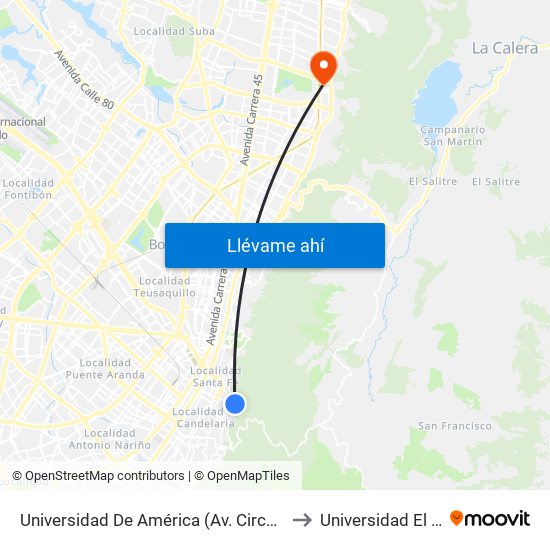 Universidad De América (Av. Circunvalar - Cl 19a) to Universidad El Bosque map