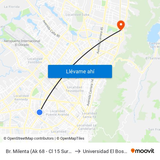 Br. Milenta (Ak 68 - Cl 15 Sur) (A) to Universidad El Bosque map