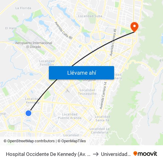 Hospital Occidente De Kennedy (Av. 1 De Mayo - Cl 40b Sur) (B) to Universidad El Bosque map