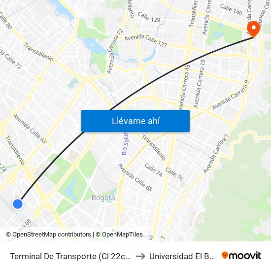 Terminal De Transporte (Cl 22c - Kr 68f) to Universidad El Bosque map