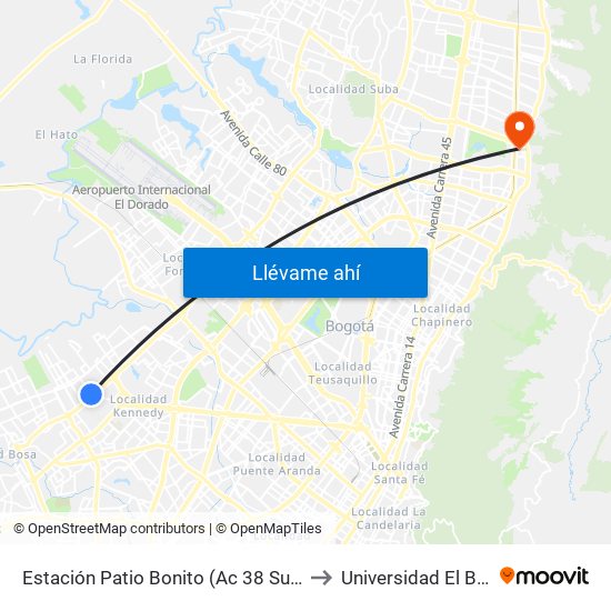 Estación Patio Bonito (Ac 38 Sur - Kr 86a) to Universidad El Bosque map