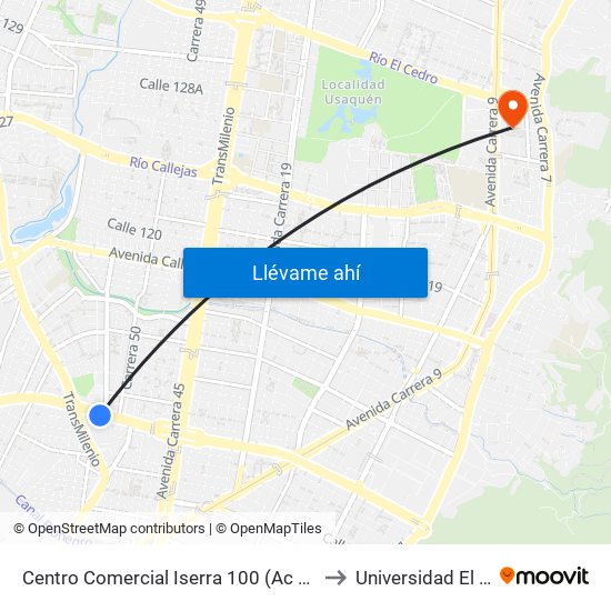 Centro Comercial Iserra 100 (Ac 100 - Kr 54) (B) to Universidad El Bosque map