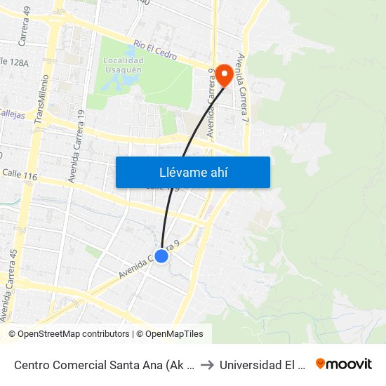 Centro Comercial Santa Ana (Ak 9 - Dg 108a) to Universidad El Bosque map