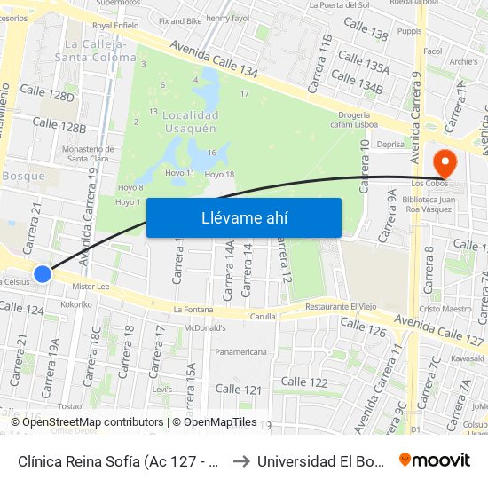 Clínica Reina Sofía (Ac 127 - Kr 20) to Universidad El Bosque map