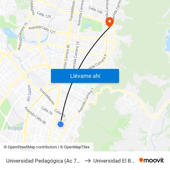 Universidad Pedagógica (Ac 72 - Kr 10) to Universidad El Bosque map