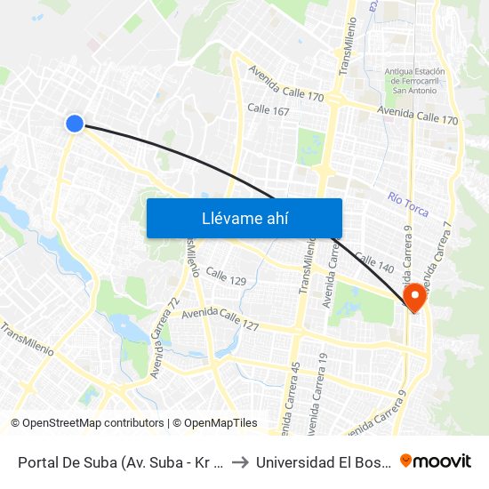 Portal De Suba (Av. Suba - Kr 106) to Universidad El Bosque map