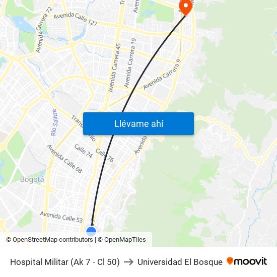 Hospital Militar (Ak 7 - Cl 50) to Universidad El Bosque map