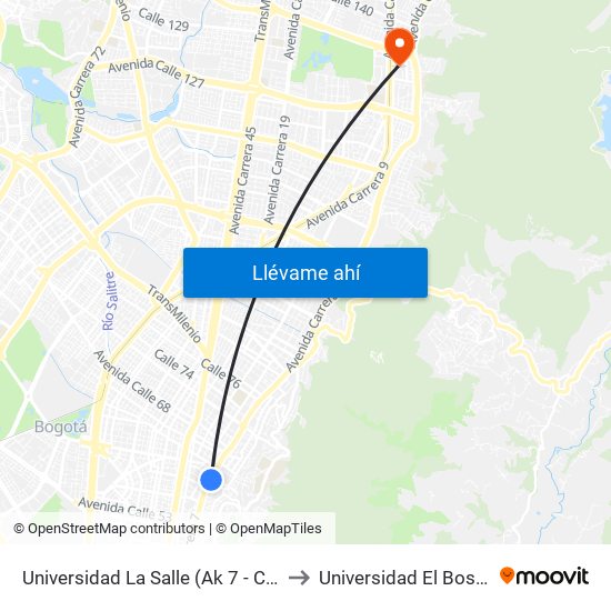 Universidad La Salle (Ak 7 - Cl 61) to Universidad El Bosque map