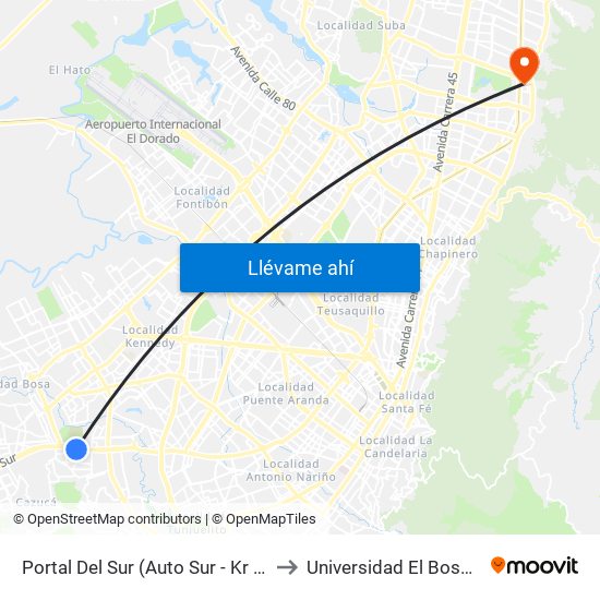 Portal Del Sur (Auto Sur - Kr 74) to Universidad El Bosque map