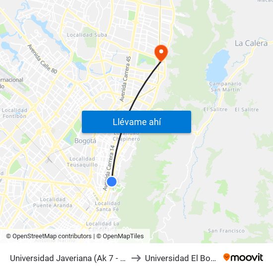 Universidad Javeriana (Ak 7 - Cl 40) to Universidad El Bosque map