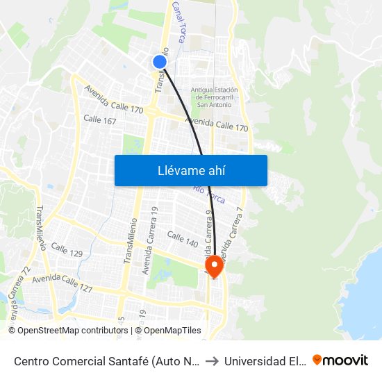 Centro Comercial Santafé (Auto Norte - Cl 187) (B) to Universidad El Bosque map