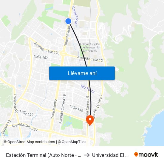 Estación Terminal (Auto Norte - Cl 191) (A) to Universidad El Bosque map