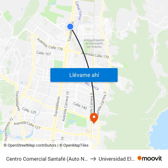 Centro Comercial Santafé (Auto Norte - Cl 187) (A) to Universidad El Bosque map