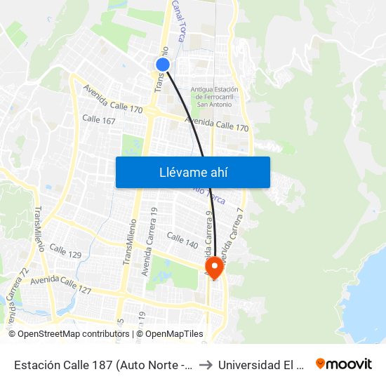 Estación Calle 187 (Auto Norte - Cl 187) (B) to Universidad El Bosque map