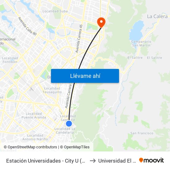 Estación Universidades (Kr 3 - Cl 20) (B) to Universidad El Bosque map