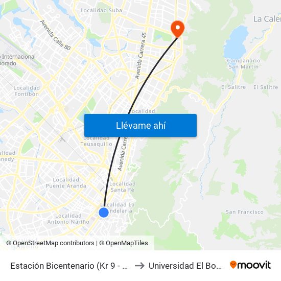 Estación Bicentenario (Kr 9 - Cl 6a) to Universidad El Bosque map