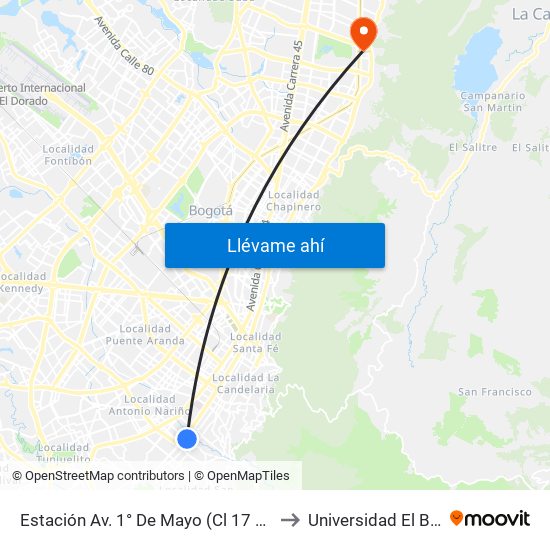 Estación Av. 1° De Mayo (Cl 17 Sur - Kr 9a) to Universidad El Bosque map