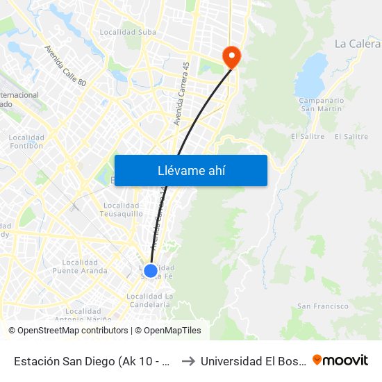 Estación San Diego (Ak 10 - Cl 24) to Universidad El Bosque map