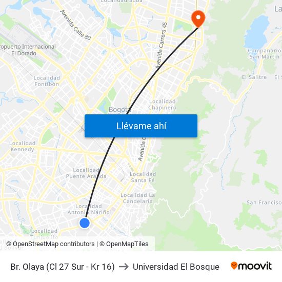 Br. Olaya (Cl 27 Sur - Kr 16) to Universidad El Bosque map