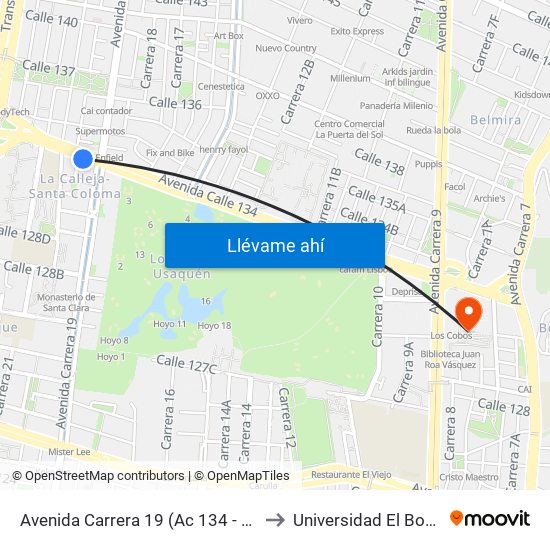 Avenida Carrera 19 (Ac 134 - Ak 19) to Universidad El Bosque map