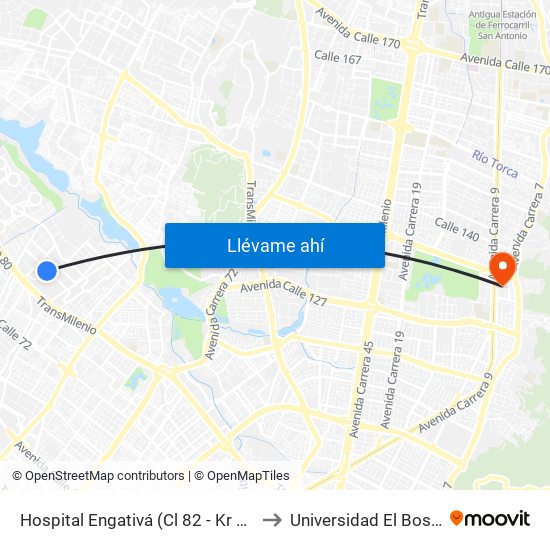 Hospital Engativá (Cl 82 - Kr 100a) to Universidad El Bosque map