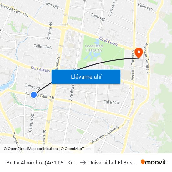 Br. La Alhambra (Ac 116 - Kr 50) to Universidad El Bosque map