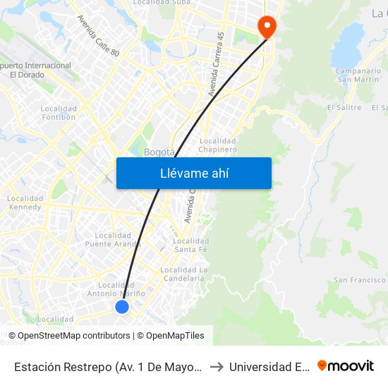 Estación Restrepo (Av. 1 De Mayo - Av. Caracas) (A) to Universidad El Bosque map