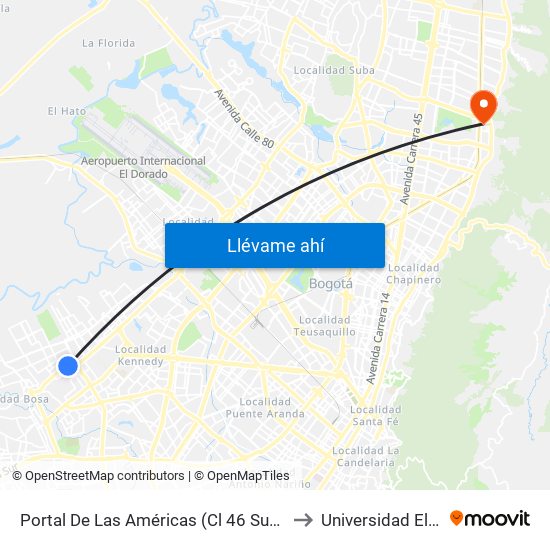 Portal De Las Américas (Cl 46 Sur - Av. C. De Cali) to Universidad El Bosque map