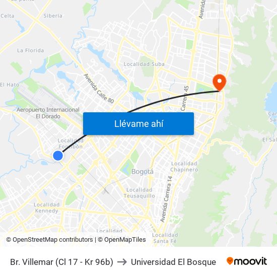 Br. Villemar (Cl 17 - Kr 96b) to Universidad El Bosque map