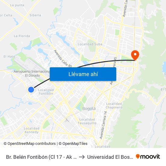 Br. Belén Fontibón (Cl 17 - Ak 106) to Universidad El Bosque map
