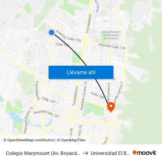 Colegio Marymount (Av. Boyacá - Cl 169b) to Universidad El Bosque map