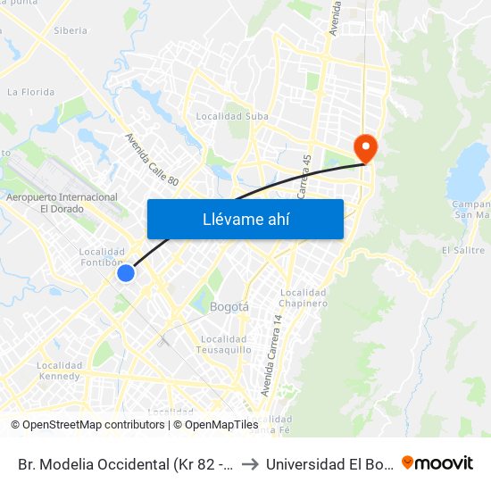 Br. Modelia Occidental (Kr 82 - Cl 23f) to Universidad El Bosque map