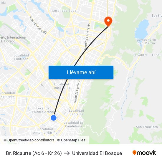 Br. Ricaurte (Ac 6 - Kr 26) to Universidad El Bosque map