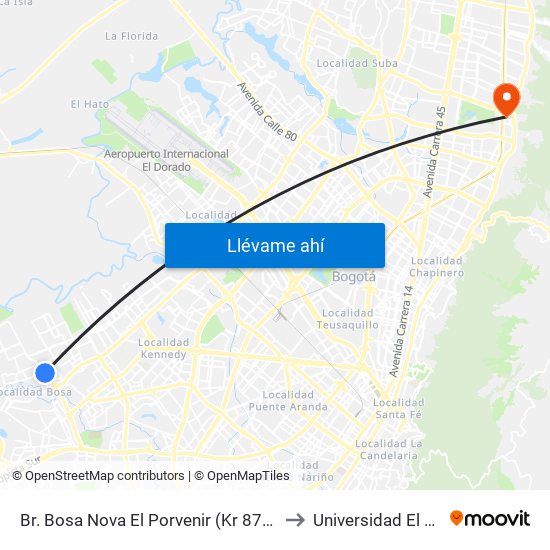 Br. Bosa Nova El Porvenir (Kr 87c - Cl 60 Sur) to Universidad El Bosque map