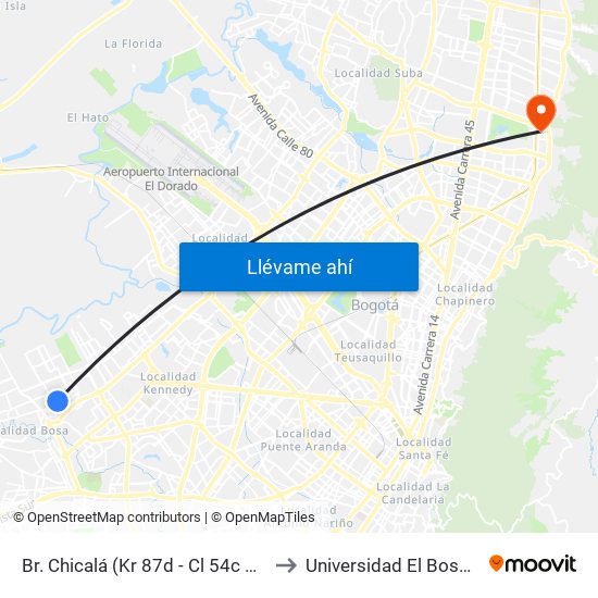 Br. Chicalá (Kr 87d - Cl 54c Sur) to Universidad El Bosque map