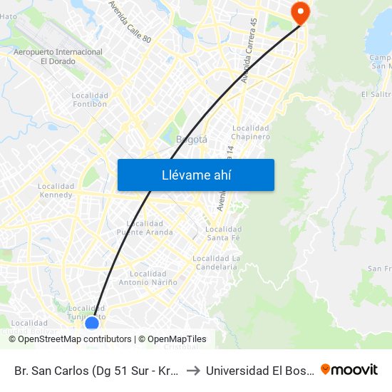 Br. San Carlos (Dg 51 Sur - Kr 18c) to Universidad El Bosque map